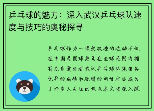乒乓球的魅力：深入武汉乒乓球队速度与技巧的奥秘探寻